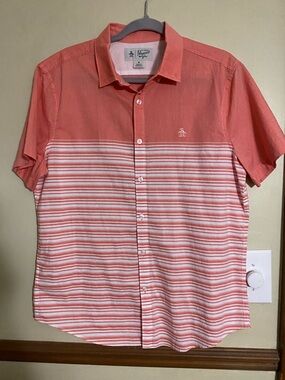 Original Penguin Coral and White Short Sleeve Striped Button-Down Shirt